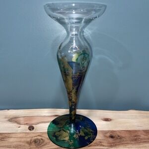 Romanian Artisanal Hand Blown Glass Bud Vase MCM Unique Hand Painted 10.5"